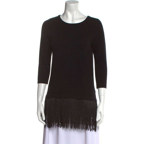 Neiman Marcus Black Cashmere 3/4 Sleeve Fringe Tunic Sweater - Picture 1 of 11